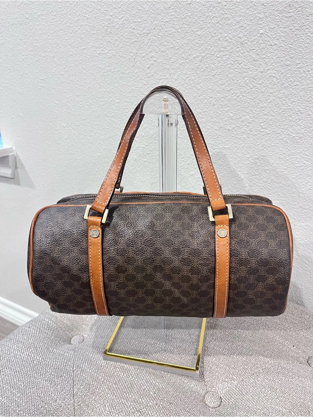 CELINE BROWN MACADAM COATED CANVAS BOSTON BAG